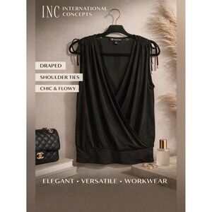 INC Black Draped Blouse Closet Clear Out Shoulder Tie Detail Flowy Work Top Lg